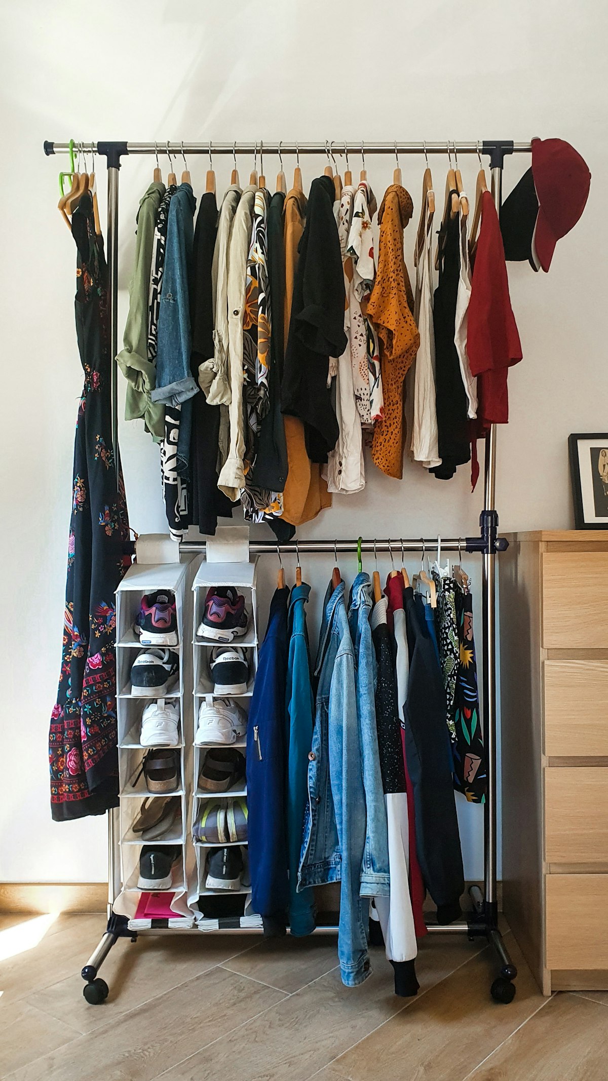 A walk-in closet organised for easy swapping