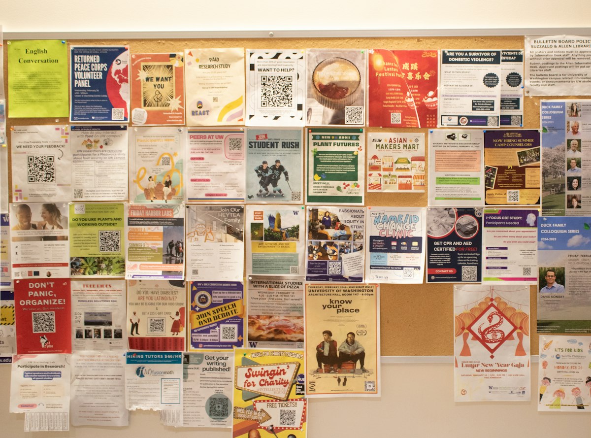 A community corkboard covered in flyers and posters